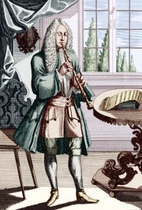 Barok hobo muzikant, bijschrift leest - Man die hautboy (of hautbois) speelt, een vroege hobo. Gravure door J C Weigel (1661-1726) uit Musikalisches Theatrum.