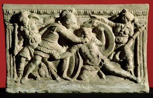 Gevechtsscène van een cineraria urn, Etruskisch (steen) door Unbekannt