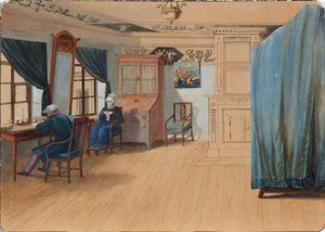Slaapkamer interieur. Graaf Yegor Frantsevich Kankrin 1774-1845 aan zijn bureau, 1820s door Unbekannt