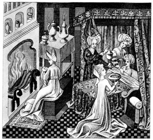 Slaapkamer scène, 15e eeuw