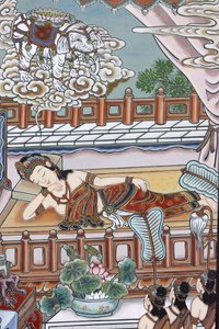 Voor de geboorte van Siddhartha Gautama droomde zijn moeder van een witte olifant die haar een lotusbloem presenteerde, Seoul, Zuid-Korea door Unbekannt