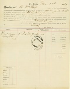 Vrachtbrief, stoomboot M[ary] E. Forsyth, Sunnyside, Arkansas, 1 november 1864 door Unbekannt