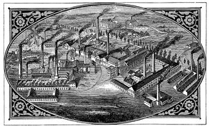 Vogelperspectief van Krupps werken, Essen, Duitsland, 1876