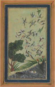 Vogels bij Baran, mogelijk uit de Babur-nama, eind 16e eeuw door Unbekannt