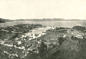 Vogelperspectief van de haven, Bergen, Noorwegen, 1895