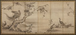 Vogels, bloemen en bomen: op de achterkant, bamboebomen, Momoyama-periode, 1568-1615 door Unbekannt
