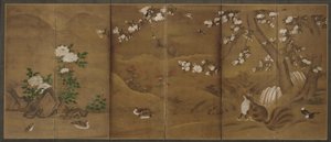 Vogels, bloemen van de seizoenen, en civetkatten, Muromachi of Momoyama-periode, 16e eeuw door Unbekannt