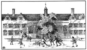 Jongens in Tudor-tijd die voetbal spelen op Berkhamsted Grammar School, Hertfordshire