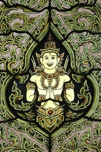 Boeddha. Glas-in-loodraam. Marmeren Tempel. Wat Benchamabophit Dusitvanaram Ratchaworawiharn. 1899, Bangkok, Thailand door Unbekannt