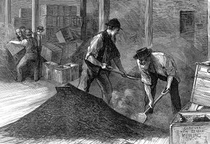 Thee in bulk in de magazijnen van de East & West India Dock Company, Londen, 1874 door Unbekannt