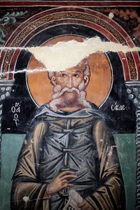 Byzantijnse fresco uit de 15e eeuw (detail) Sint Sabas Muurschildering Michael Aartsengel Kapel, Galata dorp Cyprus Geschilderde kerken UNESCO site Troodos, Cyprus door Unbekannt