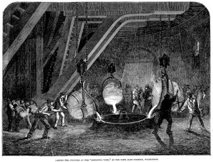 Gieten van de cilinder van de Britannia Pers bij de Bank Quay Gieterij, Warrington, 1851
