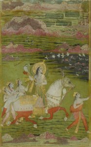 Chand Bibi Jagen met Begeleiders in een Landschap