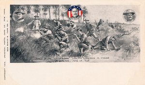 Aanval van de Rough Riders op de Spanjaarden in hinderlaag, La Quasina, 24 juni 1898, ca. 1900 door Unbekannt
