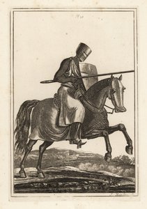 Aanvallende ridder van de 12e en 13e eeuw in maliënkolder, platte helm, lans, schild, scheenbeschermers, oorlogszadel