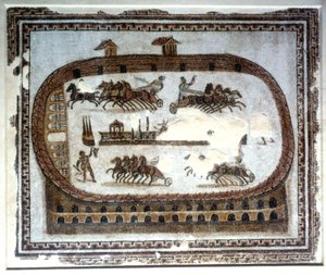 Wagenrace in de arena, Romeins mozaïek, 2e eeuw door Unbekannt