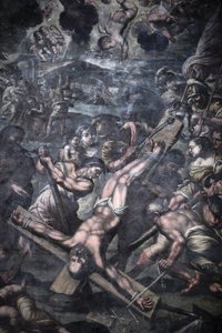 Chiesa della Grazia, Galatina, Apulië Schilderij dat de kruisiging van Sint-Pieter uitbeeldt, Galatina, Italië