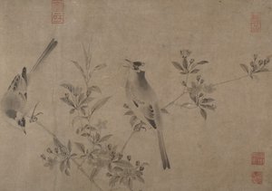 Chinese bulbuls op bloeiende kersappel door Unbekannt