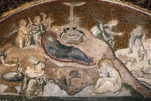 Chorakerk museum: geboorte van Jezus mozaïek (Maria rust na de bevalling, Jozef zit), Istanbul, Turkije door Unbekannt