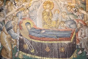 Chora-kerk museum: dood van de Maagd mozaïek (Coimesis), Istanboel, Turkije