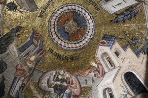 Chora-kerk museum: mozaïek dat de Maagd Maria toont die liefde ontvangt van haar ouders Joachim & Anne, Istanboel, Turkije door Unbekannt