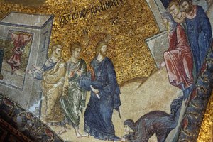 Chora kerk museum: mozaïek dat de vrouw toont die Jezus vraagt om herstel van haar gezondheid, Istanbul, Turkije door Unbekannt