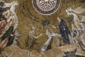Chora-kerk museum: jonge Jezus mozaïek (links: Tempeldokters), Istanboel, Turkije