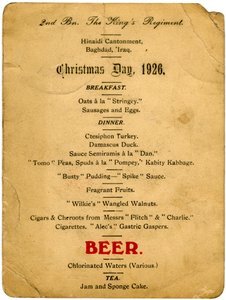 Kerstmenu, 2e Bataljon het Kings Regiment, Irak, 1926 door Unbekannt