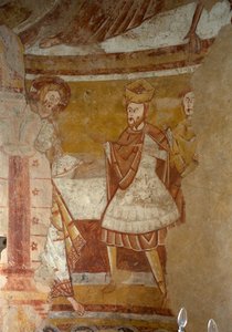 Kerk (Église Saint-Martin). Interieur. De apsis. Muurschilderingen (fresco). Detail. Jezus aan het hof van Herodes. 12e eeuw