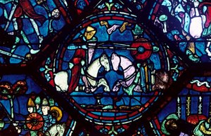 Gevecht tussen Roland en koning Marsile, glas-in-lood, kathedraal van Chartres, Frankrijk, 1194-1260 door Unbekannt