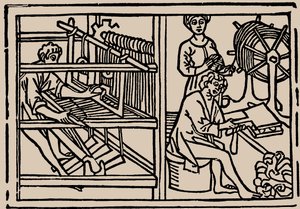Kam, spinnen en weven van wol. Uit Speculum Vitae Humanae door Rodericus Zamorensis, 1479