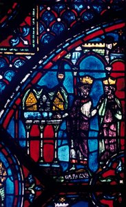 Constantijn presenteert relikwieën aan Karel de Grote, glas-in-lood, Kathedraal van Chartres, Frankrijk, ca. 1225