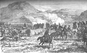Dekken van de terugtocht van het achtenvijftigste regiment na de Slag bij Laings Nek, c1880