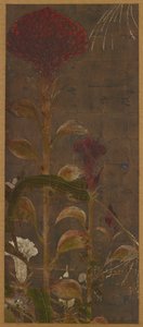 Hanekammen, maïs en ochtendglorieën, Momoyama-periode, 1568-1615 door Unbekannt