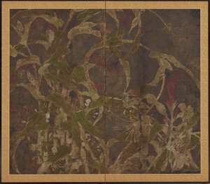 Hanekammen, maïs en ochtendglorie, Momoyama periode, 1568-1615 door Unbekannt