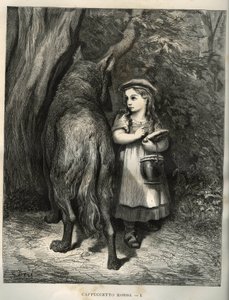 Tijdens het oversteken van het bos ontmoet Roodkapje de wolf. Gravure door Gustave Doré (1832-1883) uit 