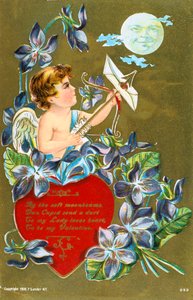 Cupido schiet een pijl met een liefdesbrief, Amerikaanse Valentijnskaart, 1908