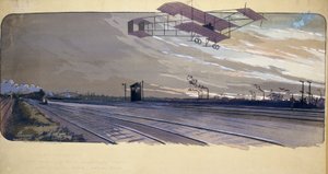 Begin van de luchtvaart: Louis Paulhan (1884-1963) vliegt over een spoorlijn tijdens de 300 km lange race Londen/Manchester op 27 en 28 april 1910