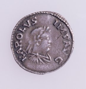 Denier van Karel de Grote (742-814) voorzijde met portret van Karel de Grote, Quentovic Munt 768-814 door Unbekannt