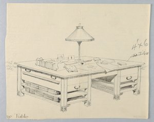 Ontwerp voor Massieve Bibliotheek Opslagtafel met Twee Open Plankrekken aan Beide Zijden, 1900–05 door Unbekannt