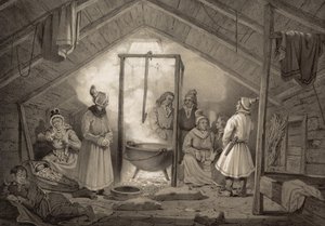 Het interieur van een boerderijhut in Finmarken. Illustratie uit het boek Noorwegen voorgesteld in tekeningen van Asbjørnsen, P.Chr. en uitgegeven door Chr. Tønsberg (no, 1848)