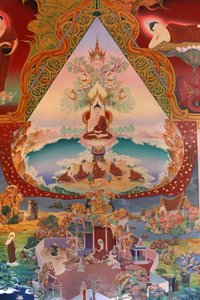 Detail van een muurschildering in de Uposatha (heiligdom) van de Buddhapadipa-tempel, Wimbledon, Groot-Brittannië