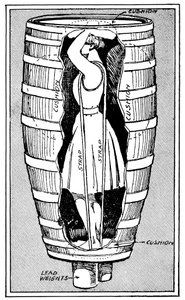 Diagram van mevrouw Anne Edson Taylor in het vat waarin ze over de Niagara Falls stortte, 1901