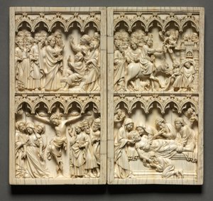 Diptiek met scènes uit het leven van Christus linker vleugel: Opwekking van Lazarus en Kruisiging, c. 135 door Unbekannt