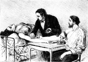Dr. Roussell uit Genève geeft een vrouw een directe bloedtransfusie van een vrijwilliger, 1882 door Unbekannt