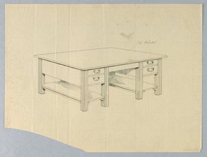 Tekening, Ontwerp voor massieve bibliotheektafel met vierkante gefluteerde poten en open rekken