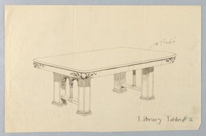 Tekening, Ontwerp voor rechthoekige bibliotheektafel #2 met putti gezichten gesneden op elk van de afgeronde hoeken