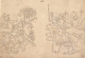 Durga en Kali naderen de verzamelde legers van Chanda en Munda, de Devi Mahatmya, ca. 1780