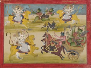 Durga vecht tegen de rakshashas Shunga en Nishunga, uit een Devi Mahatmya door Unbekannt