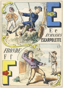 E F: echasses, escarpolette, fronde - Spelletjes Alfabet, ca. 1890 door Unbekannt